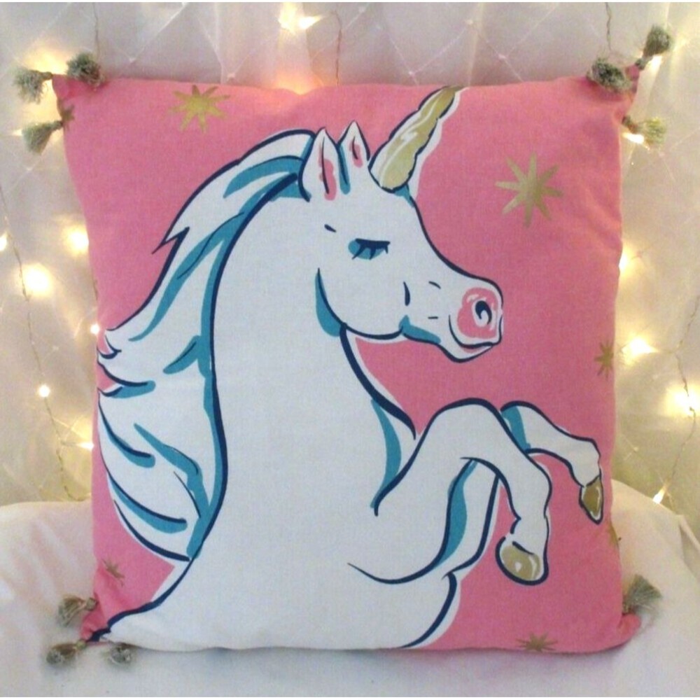 SIMPLY SOUTHERN RIZZY KIDS PINK PILLOW 16'' UNICORN FAIRYTALE TASSLES WHIMSICAL